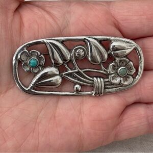 Vintage Sterling Silver Brooch Turquoise Flowers Art Nouveau Style Unpolished